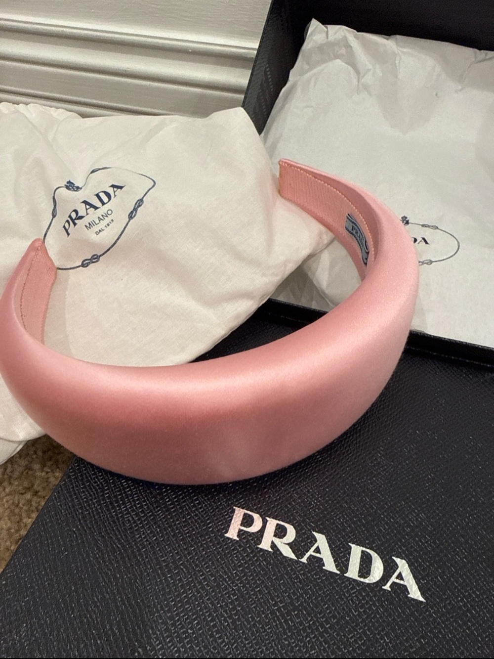 Prada Pink Silk Satin Padded Headband Logo Hair Accessory NIB Box Dust Bag - Picture 5 of 6